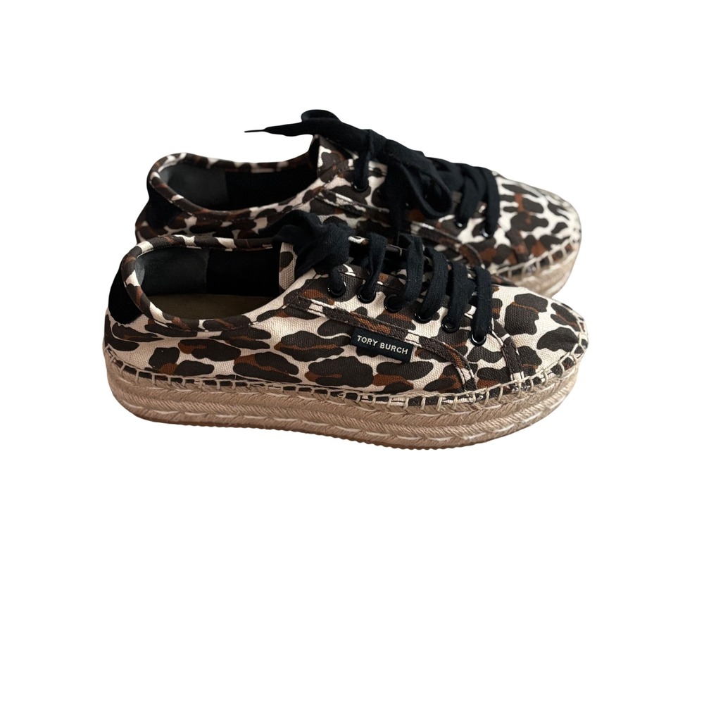 Tory Burch Leopard Print Canvas Espadrille Lace Up‎ Sneakers 6.5M 89369